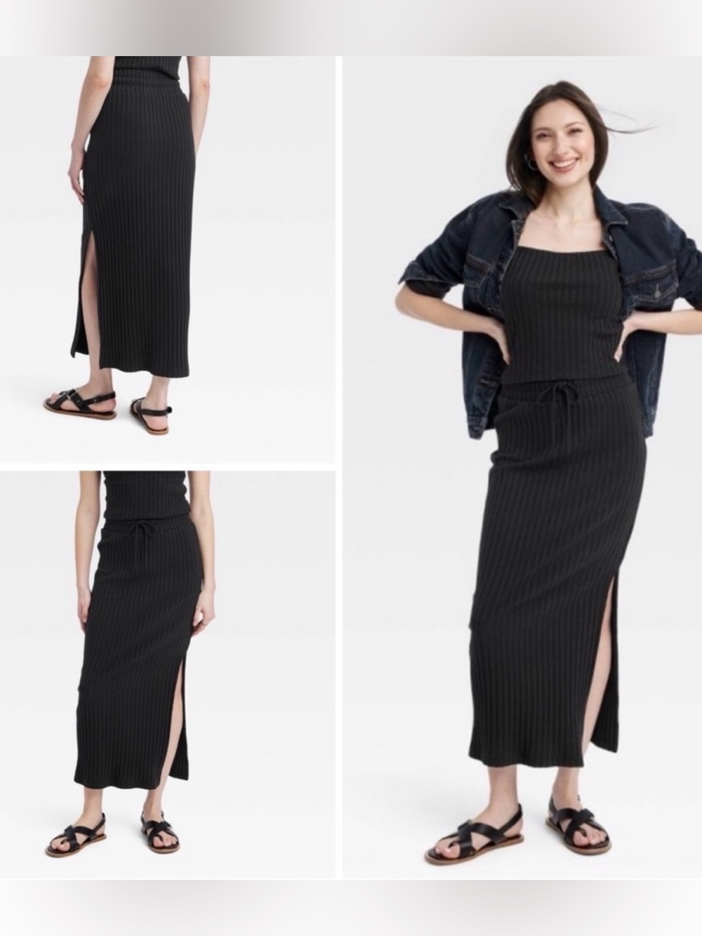 Black Rib Knit Midi Skirt & Rib Knit Cami Tank Set Universal Thread XS Like New
